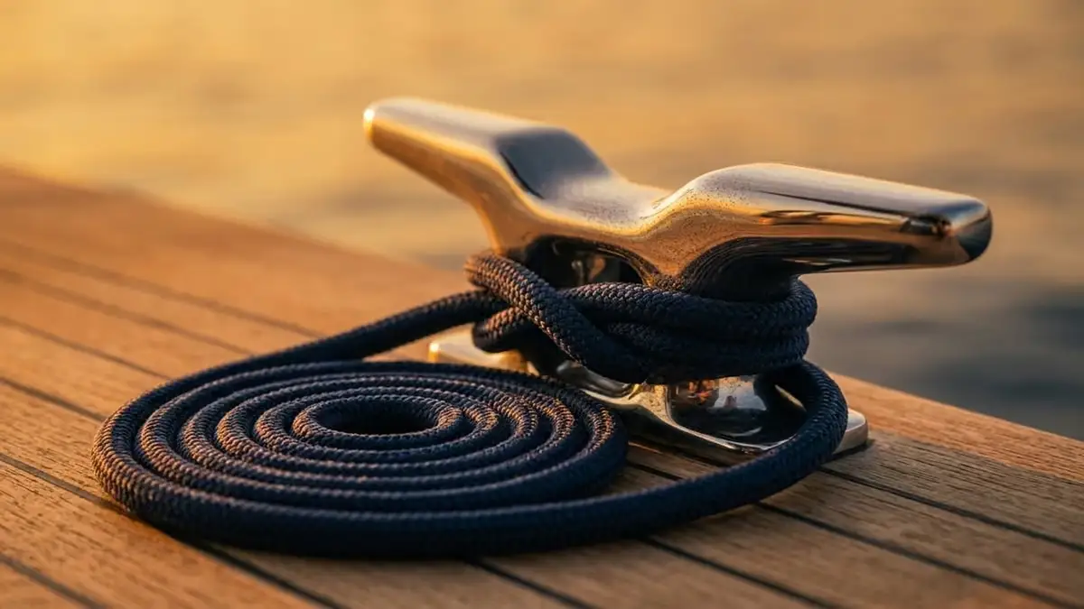 Stainless steel cleat with coiled dock line