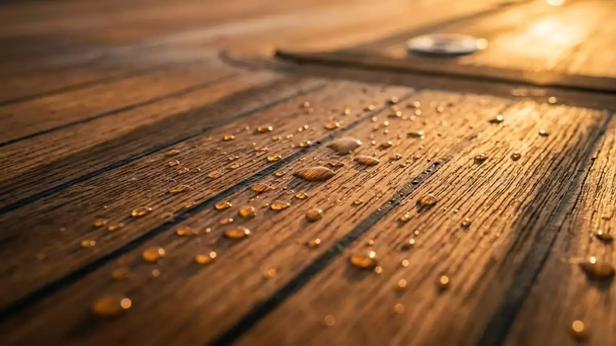 Wet teak deck planking in low sun